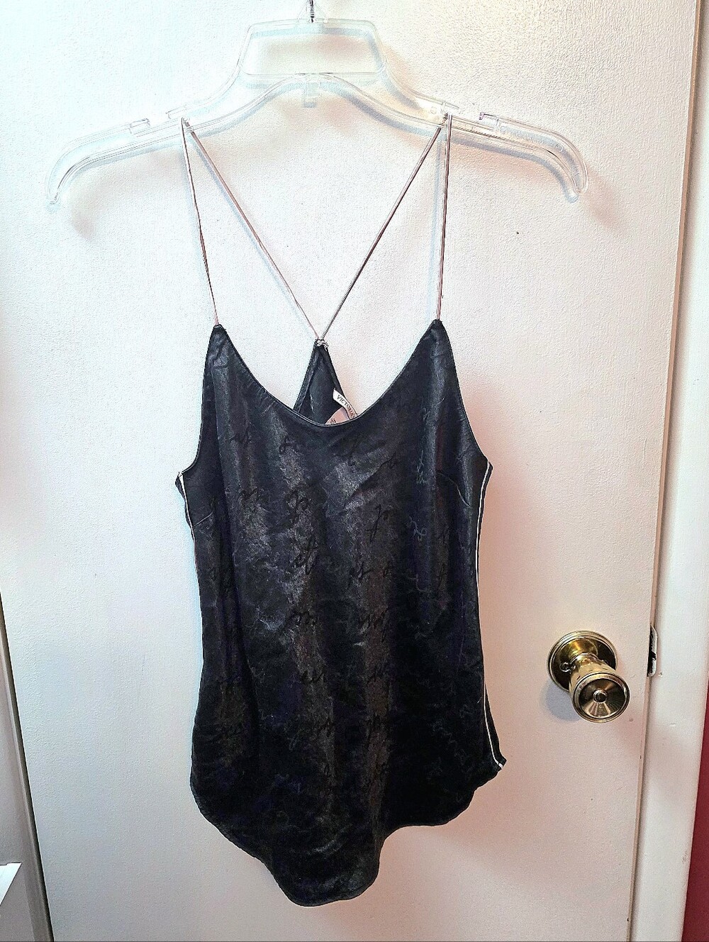 Victoria's Secret Black Satin Cami Tank Top Small Script Logo Racerback